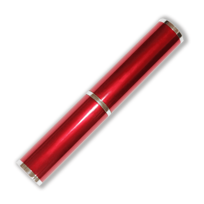 A red pen tube with silver accents, featuring a sleek cylindrical design and a logo.