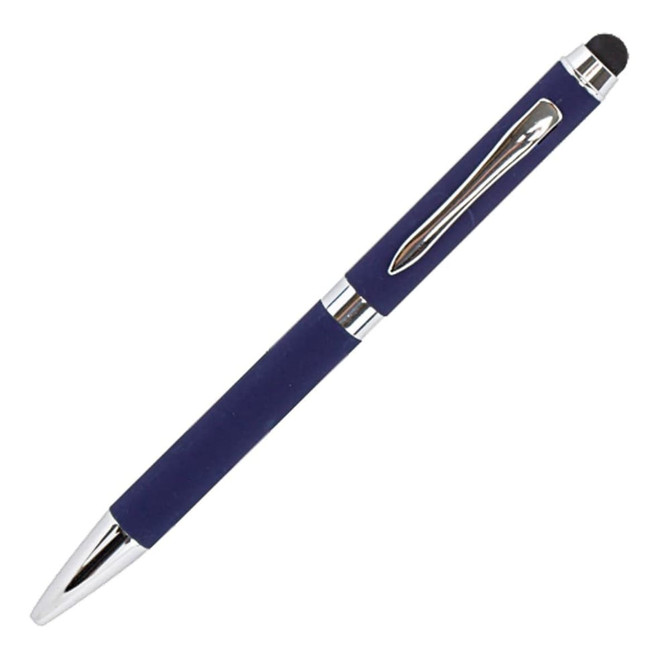 A metal pen with a navy blue grip and silver accents, featuring a stylus tip and a clip.