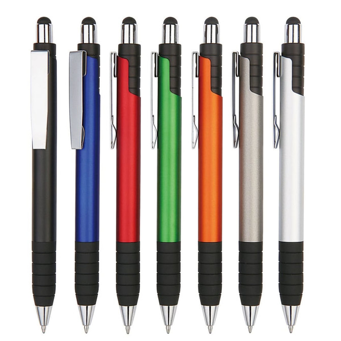 A range of stylus pens in black, blue, green, red, orange, and silver, with rubber grips and metal clips.