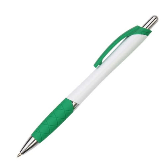 A plastic pen with a white body and a green grip, featuring a metal clip and trim.