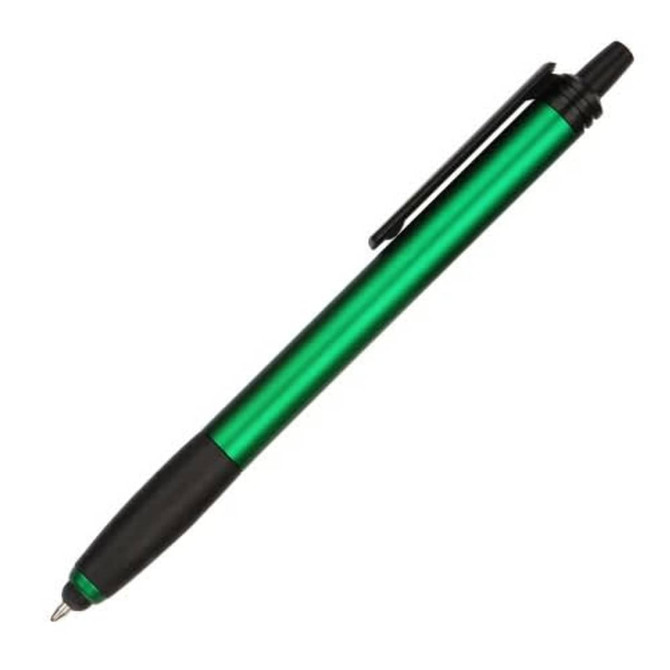 A green stylus pen with a black grip and clip, featuring a sleek metallic finish and a logo.