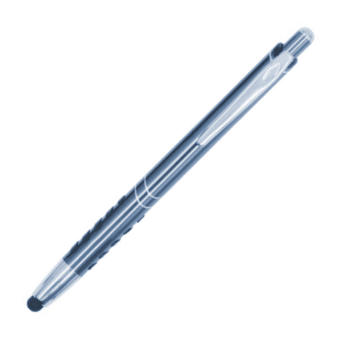A metal pen with a sleek silver design and black grip, featuring a cap and a touch stylus tip.