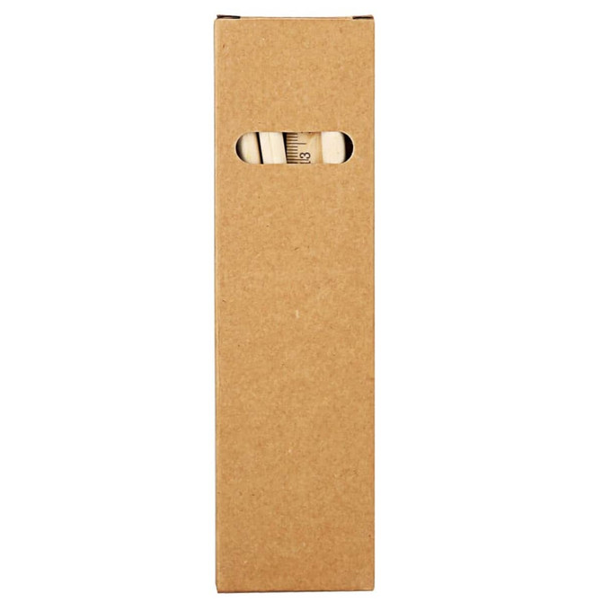 A box containing multiple grey-lead pencils is visible, with a peek-through opening showing part of the pencils inside.