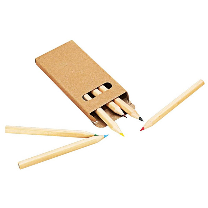 A coloured pencil set in a brown cardboard case, featuring pencils in red, blue, yellow, and black.