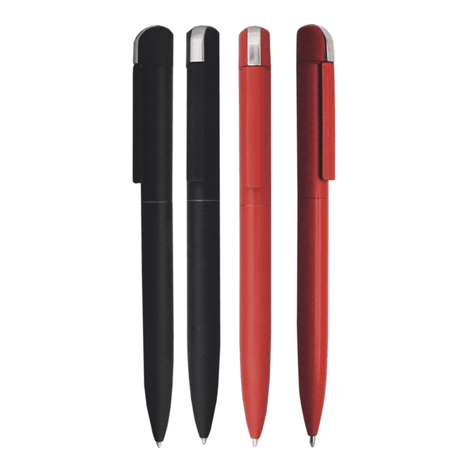 Four metal pens in black and red, featuring a sleek design with silver accents and clips. One pen has a black finish, while the others are red.