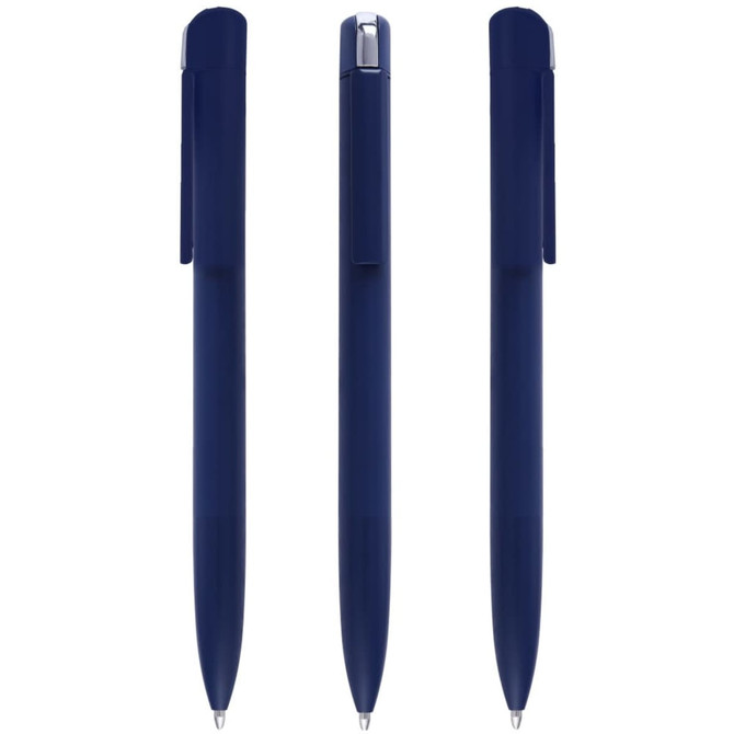 A set of navy blue metal pens displayed from three different angles. Each pen features a clip and sleek design.