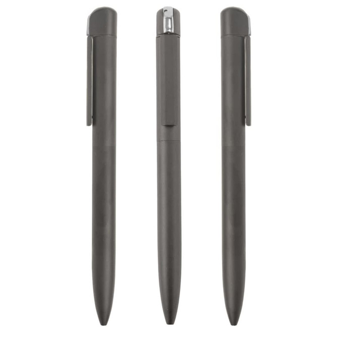A set of three sleek grey metal pens featuring a clip and a polished silver detailing.