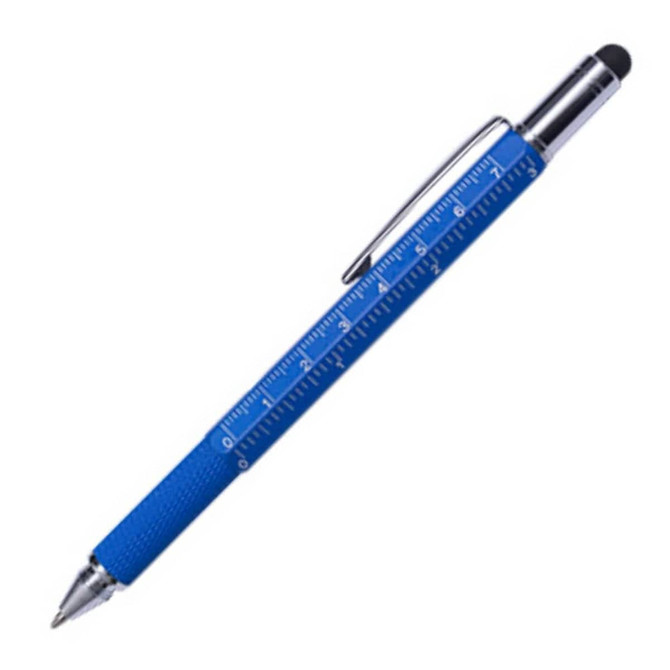 A blue metal pen with a textured grip, featuring a ruler design and a stylus tip. It has a silver clip and detailing.