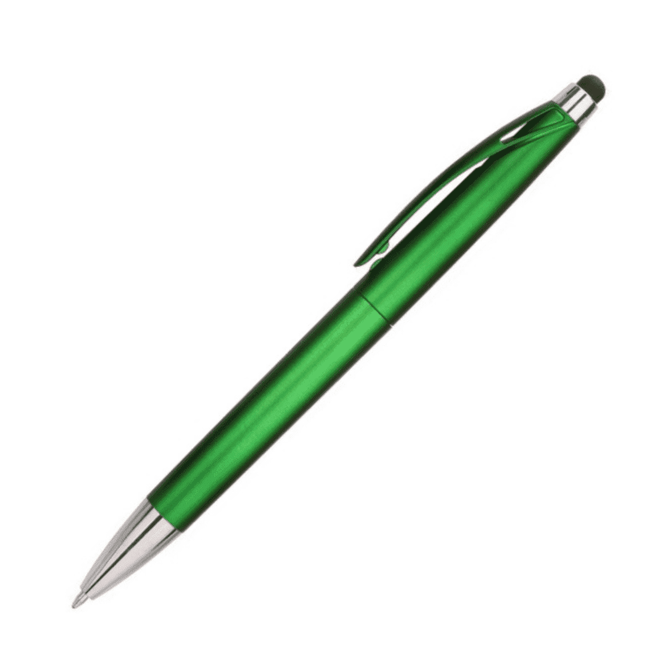 A green stylus pen with a silver tip and a clip, featuring a logo on the body.