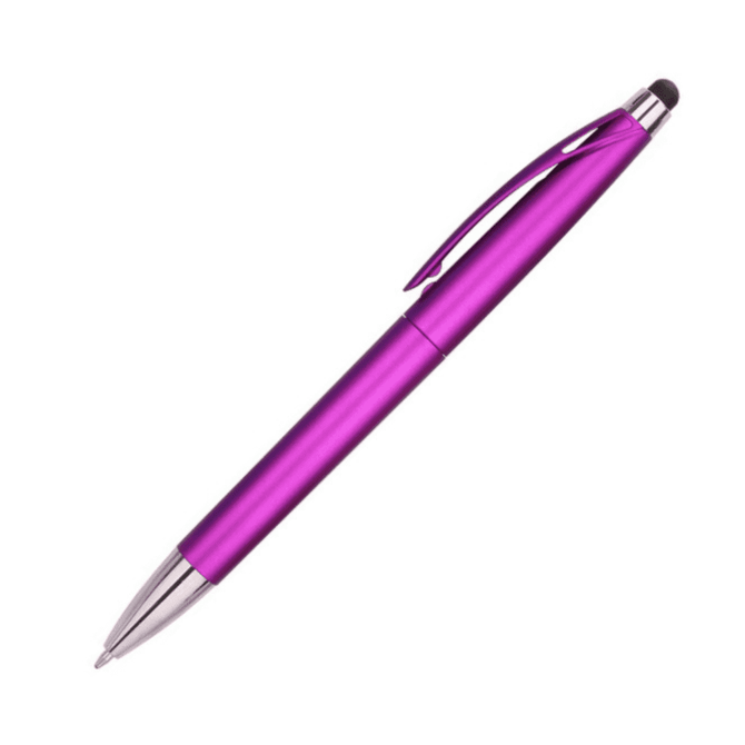 A purple stylus pen with a metallic finish and a clip, featuring a touch tip on one end.