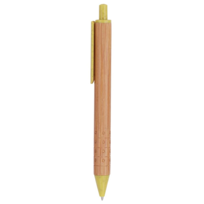 A yellow and natural bamboo pen with a clip, featuring a simple design. It includes a branding logo.