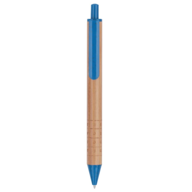 A blue and natural wood pen with a clip and a logo on the side.