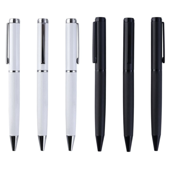 A set of pens in white and black, featuring sleek metal designs and clips. Each has a shiny finish and a logo.