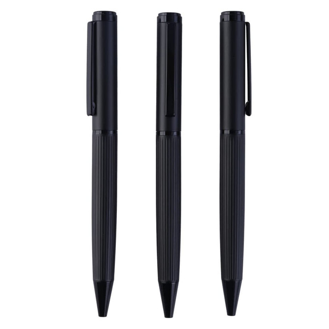Three black metal pens are displayed side by side, each with a textured grip and a clip on the side.
