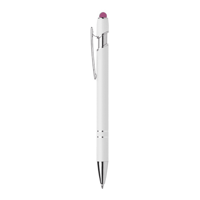 A white metal pen with a pink top and a clip, featuring a logo on the body.