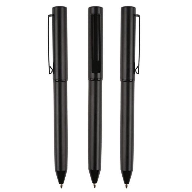 A set of three black metal pens with clips, featuring a sleek design and glossy finish.