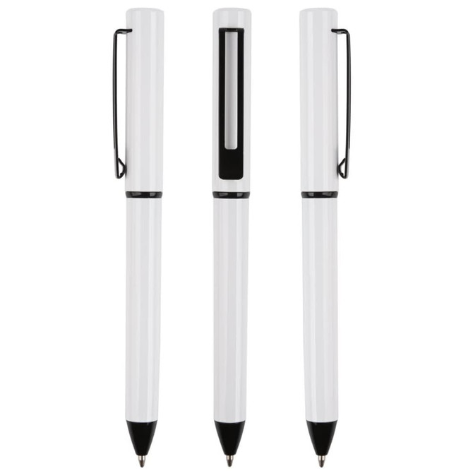A set of three white metal pens with black accents and clips, featuring a sleek design and a logo.