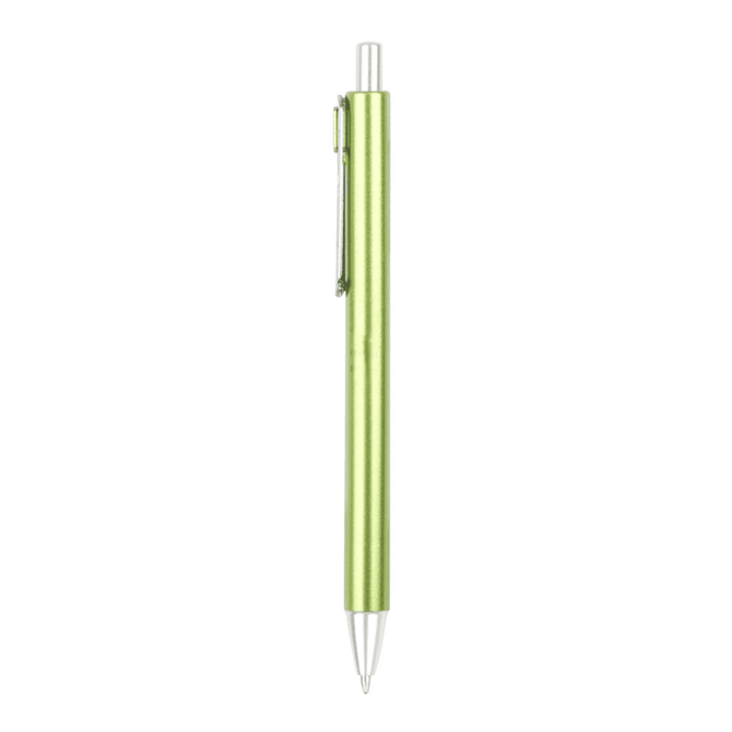 A plastic pen in vibrant green with a silver clip, featuring a ballpoint tip and a streamlined design.