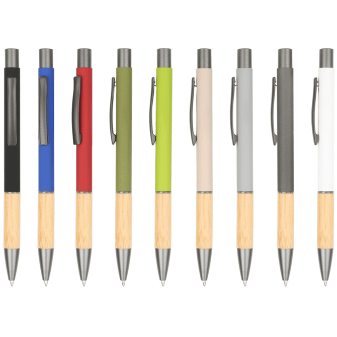 A collection of metal pens in black, blue, red, green, beige, grey, and white with bamboo accents, featuring clips and branding.