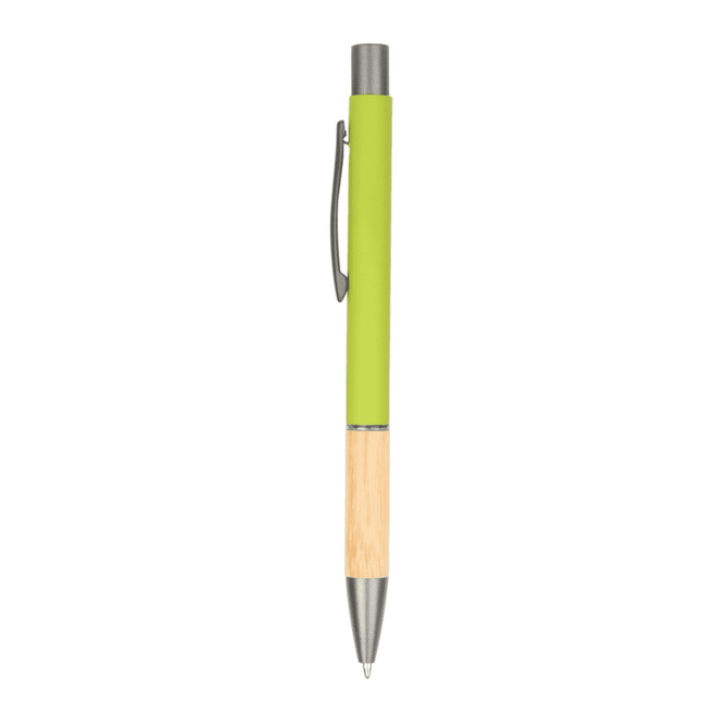 A metal pen with a bright green barrel and a bamboo lower section, featuring a clip and a logo.