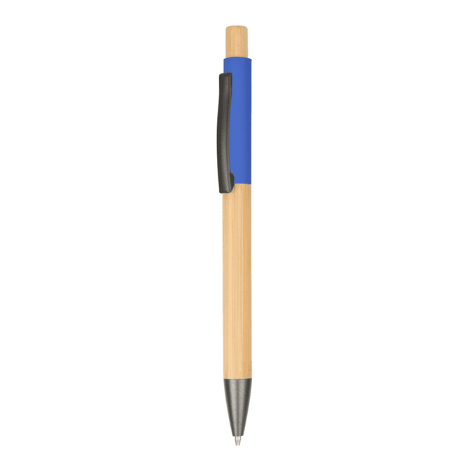 A wooden pen featuring a natural wood finish and a blue grip, with a black clip.