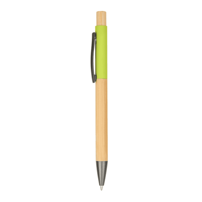 A wooden pen with a lime green grip and metal accents. Includes a logo on its side.