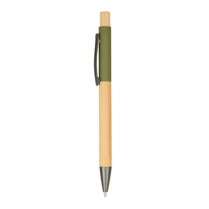 A wooden pen with a natural bamboo body and green grip, featuring a metal clip.