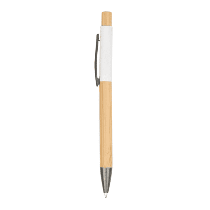 A wooden pen with a light bamboo barrel, white grip, and silver accents. It features a clip and a logo.