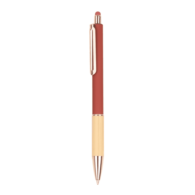 A wooden pen with a reddish-brown upper section and a light wooden lower section, featuring a gold accent.