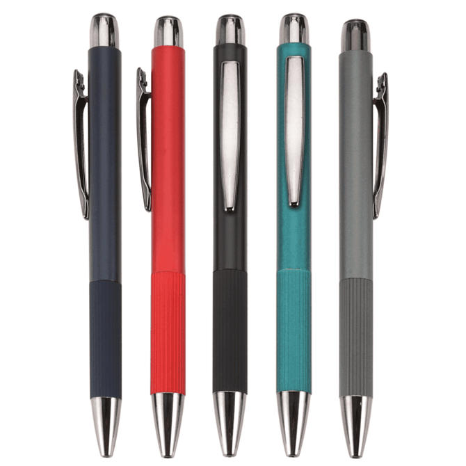 A collection of five metal pens in navy, red, black, teal, and grey, each featuring a clip and shiny tip.
