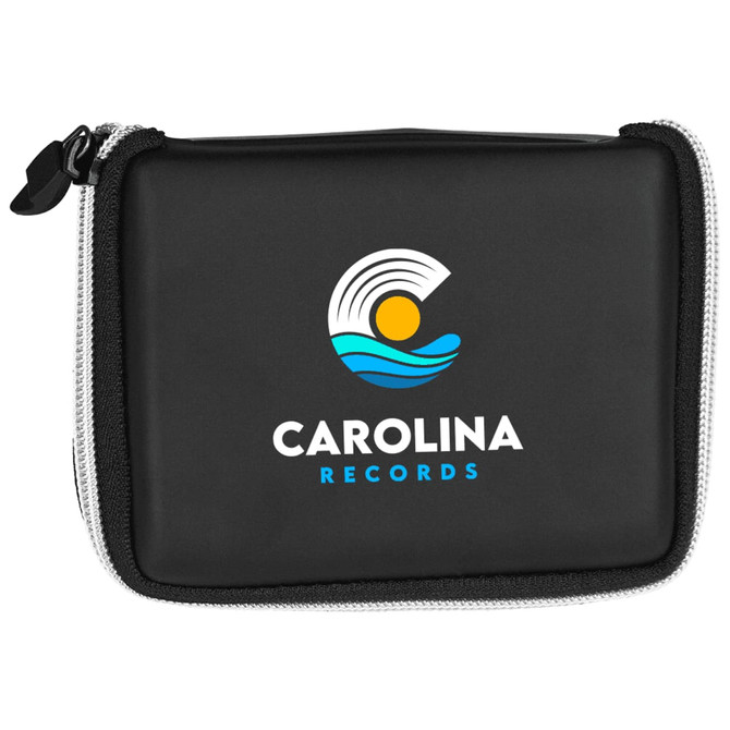 A black first aid kit with a zippered closure and a logo featuring waves and a sun on the front.