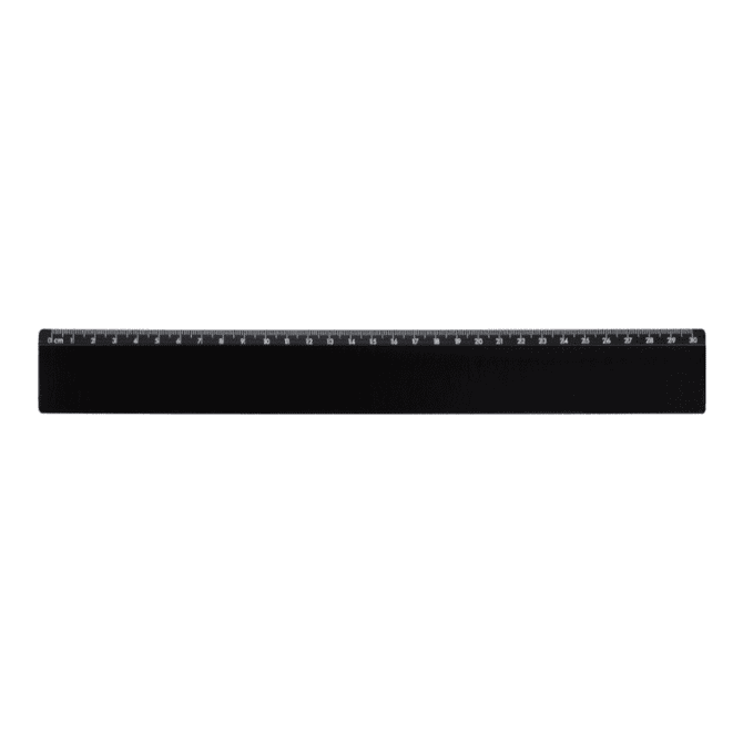 A black ruler featuring measurement markings along one edge and a logo on the surface.