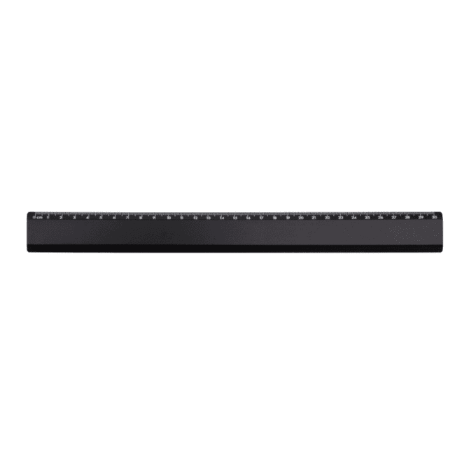 A black ruler with measurement markings along its length and a branded logo.