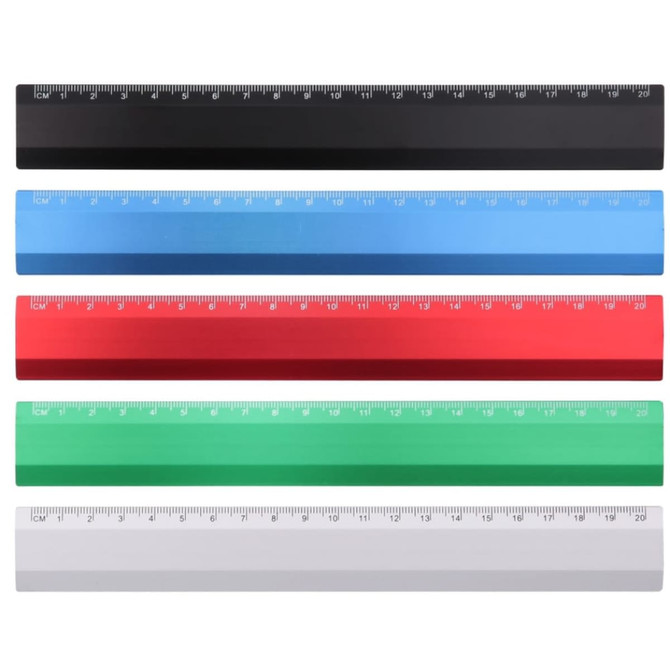 A set of rulers in black, blue, red, green, and white, featuring measurement markings and a logo.