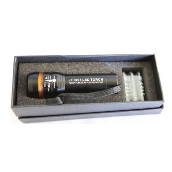 A black LED torch in a box with a flexible focus feature and a protective foam insert.