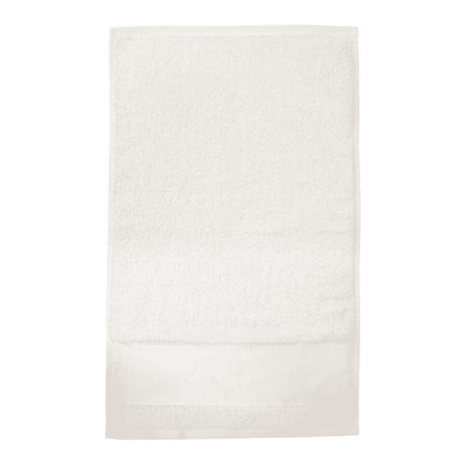 A white gym towel with a textured surface, positioned flat on a light background. It has a branding logo.
