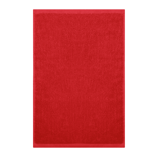 A red gym towel featuring a textured surface, with a simple design and a logo.