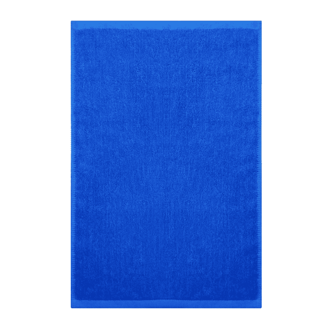 A blue gym towel with a textured surface and a solid colour design. It features an edging detail.