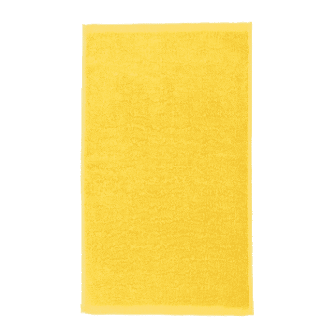 A bright yellow gym towel featuring a textured surface and a simple design, with a logo.