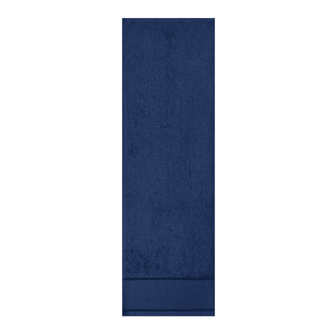 A navy blue gym towel with a textured surface and a border at one end, featuring a logo.