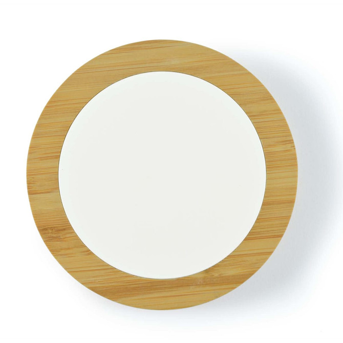 A round wireless charger with a bamboo exterior and a white center, designed for fast charging of devices.