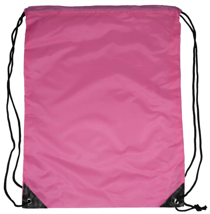 A drawstring bag in bright pink, featuring black corners and black drawstrings.