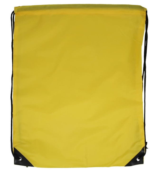 A drawstring backpack in bright yellow with black accents and a logo on the front.