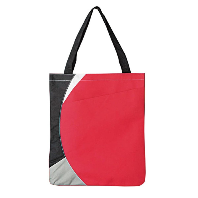 A tote bag featuring a red design with black and grey accents and two shoulder straps. It includes a branding logo.