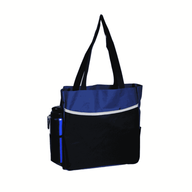 A black and blue tote bag with a side pocket, featuring a drink bottle. The bag has two long handles.