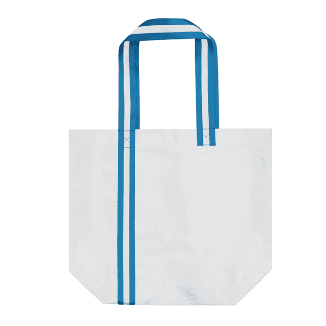 A white tote bag with blue striped handles, featuring a simple and practical design.