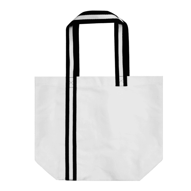 A tote bag in white with black striped handles, featuring a simple design and ample storage space.