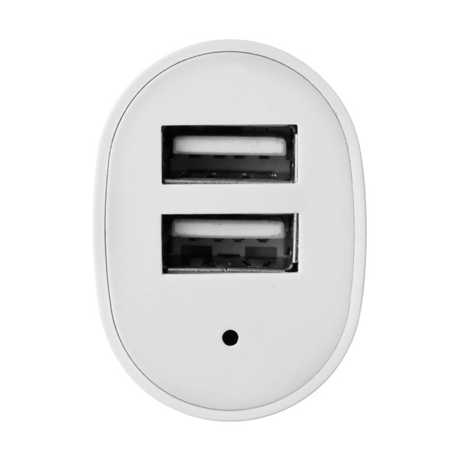 A dual car charger in white featuring two USB ports and a small indicator light. It has a simple, oval design.