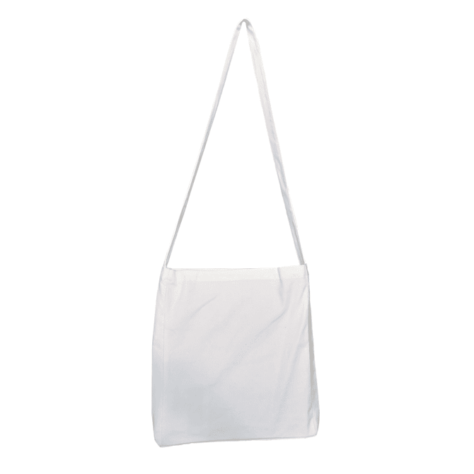 A white tote bag with a long strap and a simple design, featuring no visible logos or embellishments.