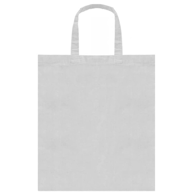 A grey tote bag with two handles, featuring a simple and minimalist design.